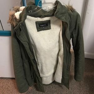 Green winter coat with fur hood